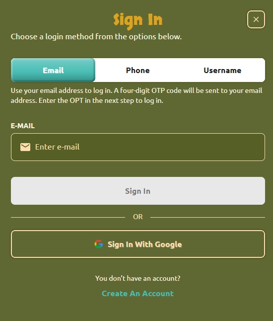BetCleo Casino sign in page with email login option