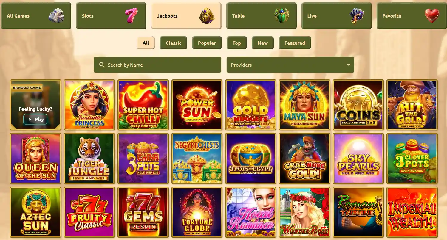 BetCleo Casino jackpot games lobby with progressive and Hold & Win slots