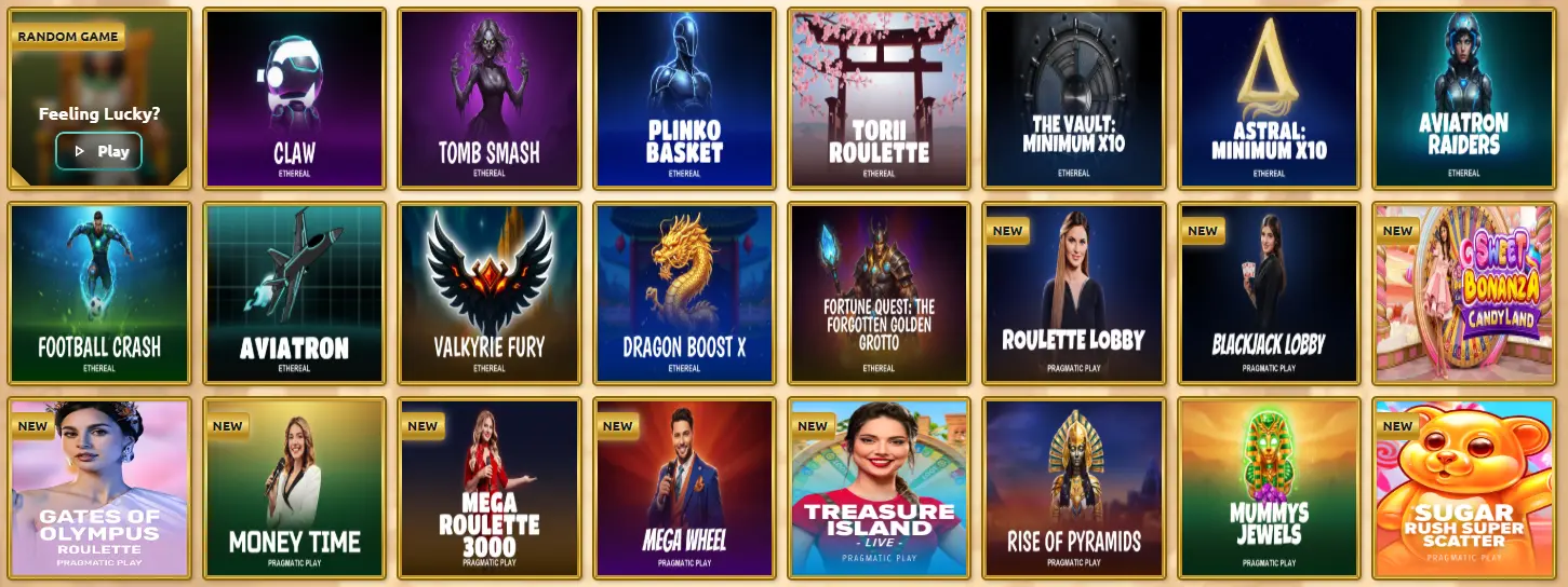 BetCleo Casino games library with slots, live games and crash titles