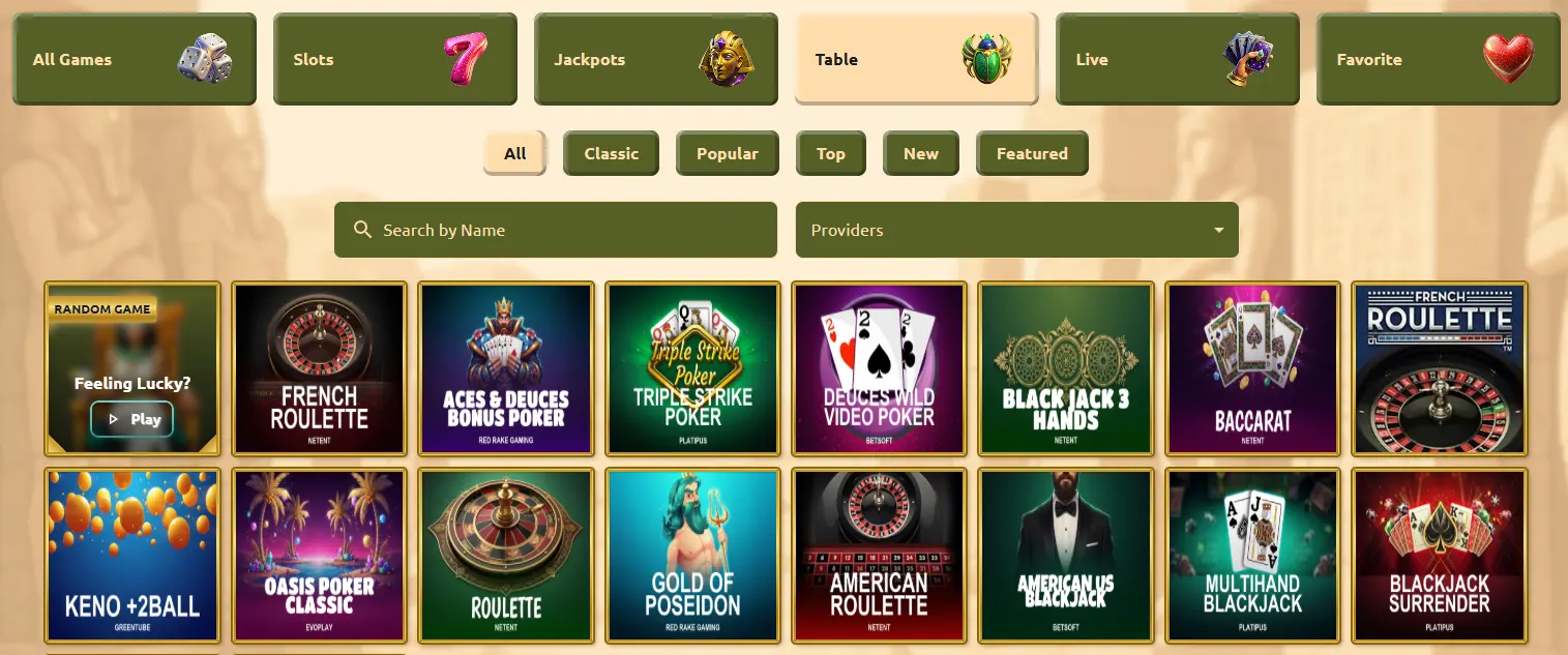 BetCleo Casino table games including roulette, blackjack, baccarat and poker