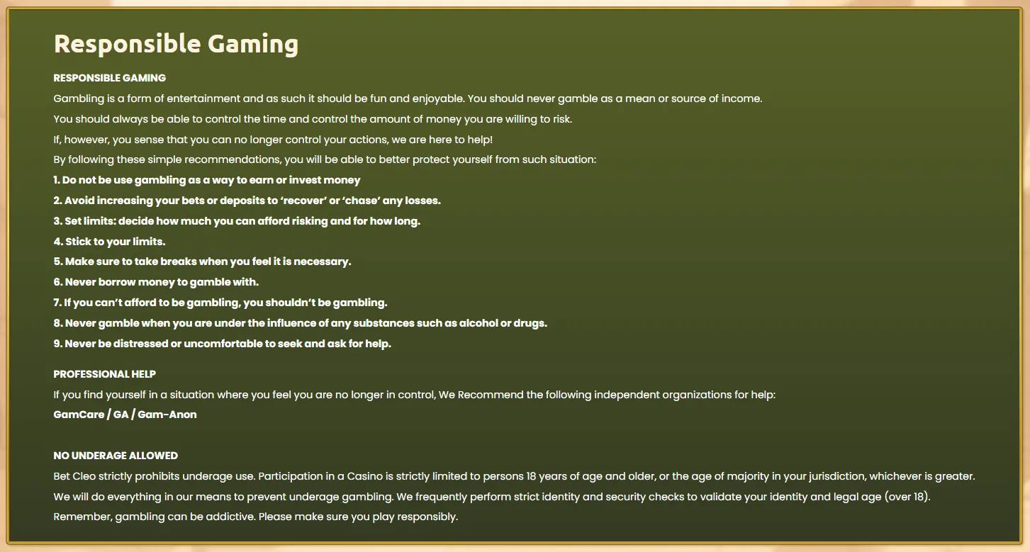 BetCleo Casino responsible gambling and player protection page