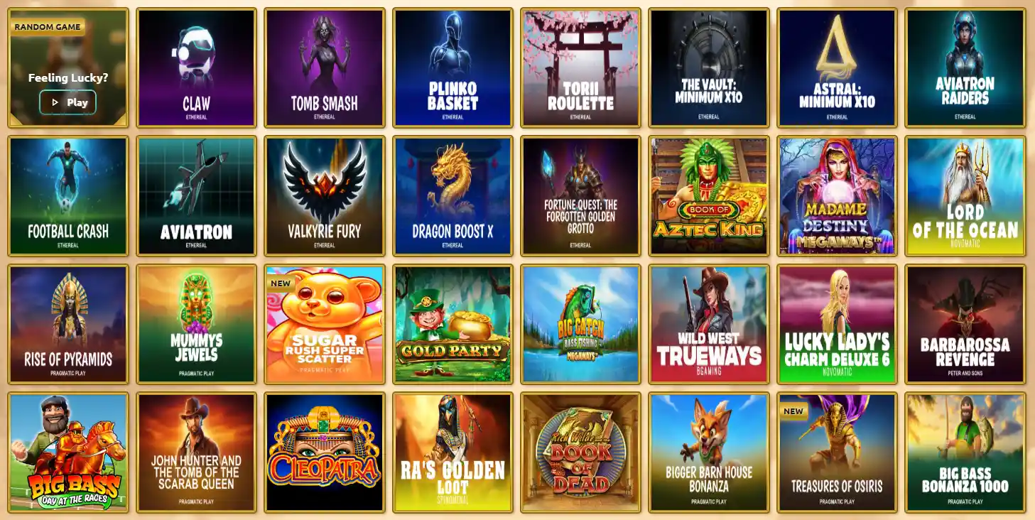 BetCleo Casino slots library with featured games